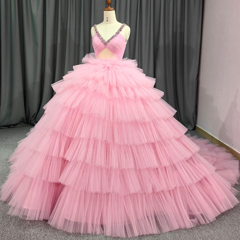 Pink V-Neck Puffy Ball Gown Dress