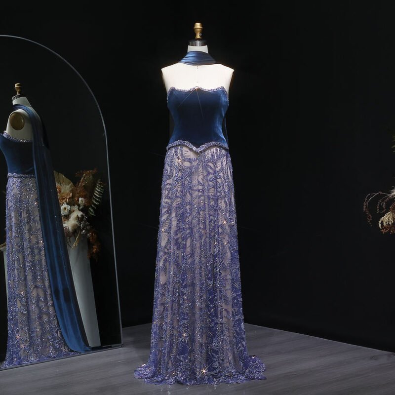 Luxury Beaded Purple Velvet Two Pieces Evening Dress