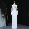 Elegant Long Off-the-Shoulder White Evening Dress with Floral Beading