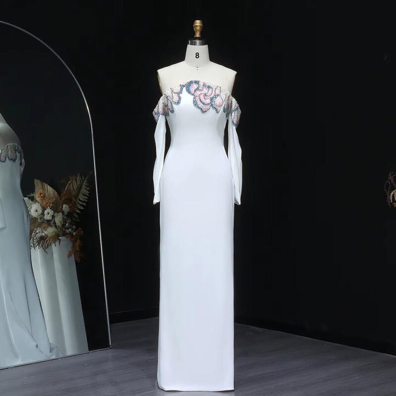 Elegant Long Off-the-Shoulder White Evening Dress with Floral Beading