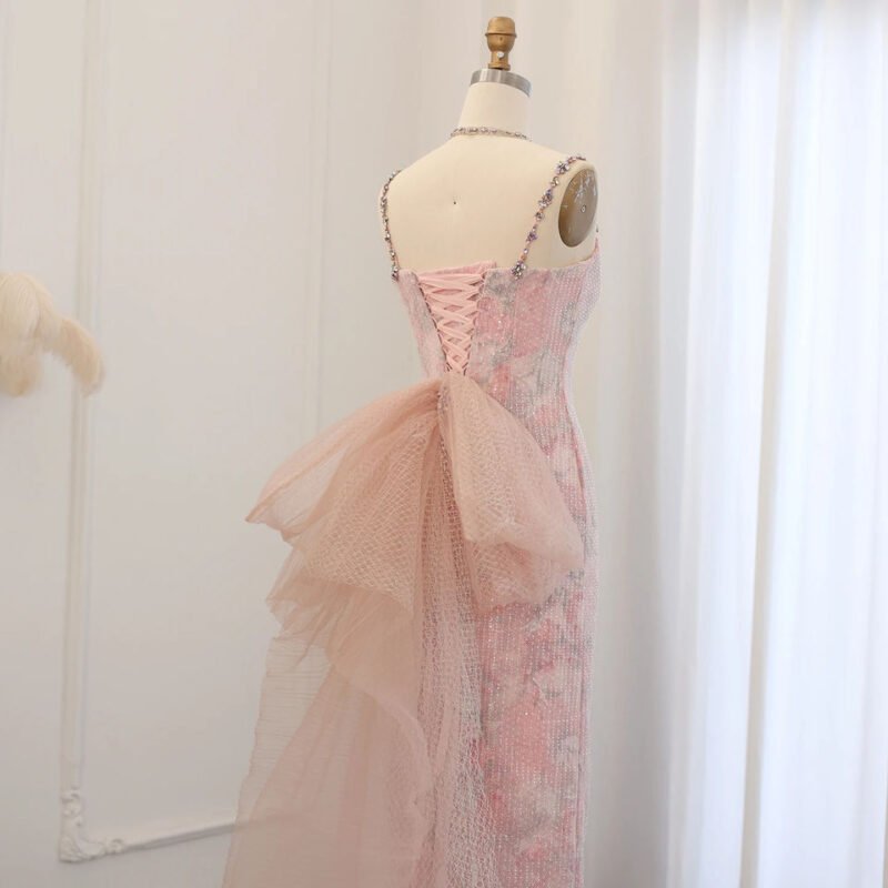 Elegant Long Pink Lace Spaghetti Strap Bow Dress