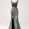 Silver Shiny Prom Dress – Deep V-Neck Spaghetti Strap Gown with High Slit