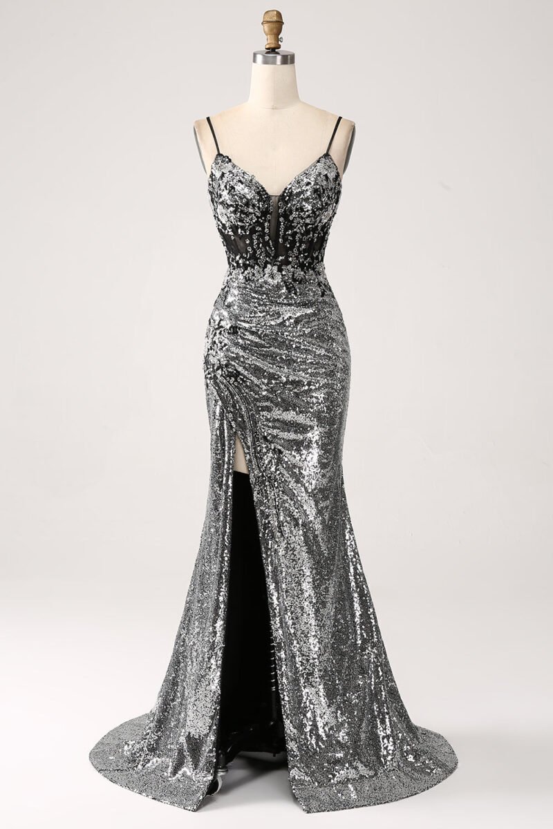 Silver Shiny Prom Dress – Deep V-Neck Spaghetti Strap Gown with High Slit
