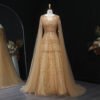 Luxury Dubai Beaded Brown Evening Dress with Cape Sleeves