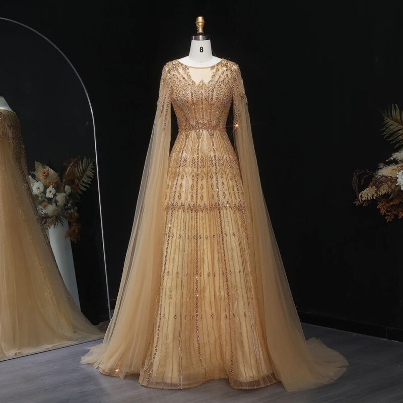 Luxury Dubai Beaded Brown Evening Dress with Cape Sleeves