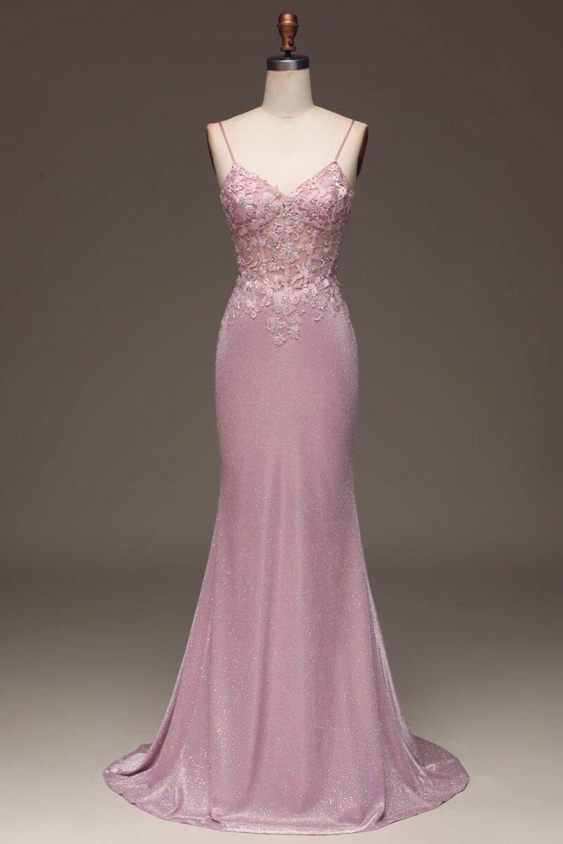 Pink Glitter Blush Mermaid Prom Dress – Spaghetti Strap Long Evening Gown