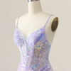 Sparkly Lilac Spaghetti Strap Short Homecoming Dress with Sequins