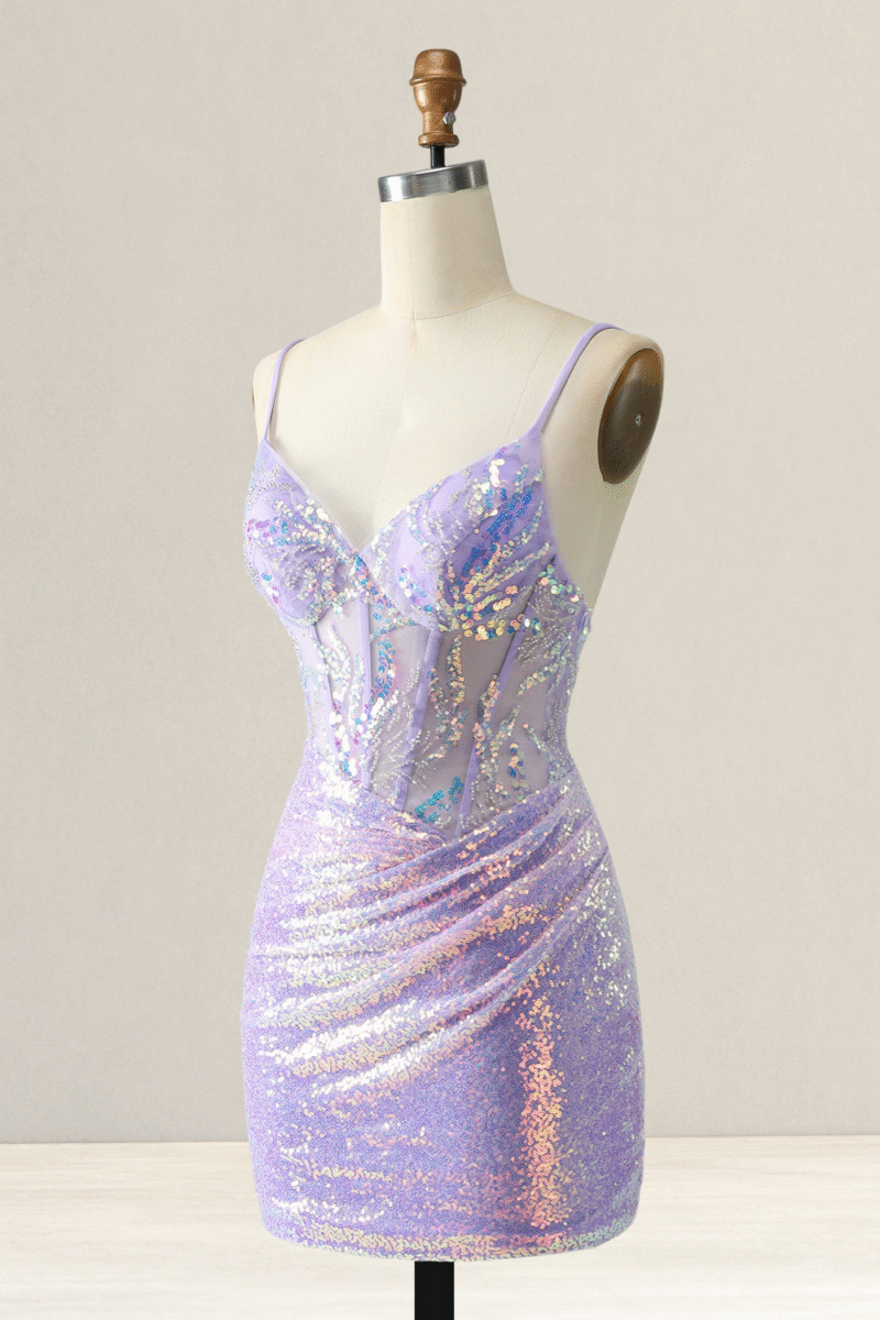 Sparkly Lilac Spaghetti Strap Short Homecoming Dress with Sequins