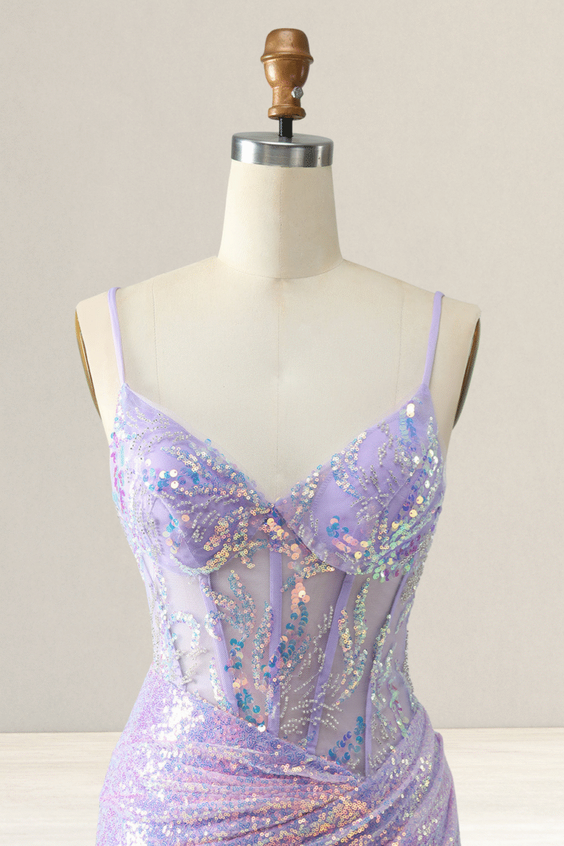 Sparkly Lilac Spaghetti Strap Short Homecoming Dress with Sequins