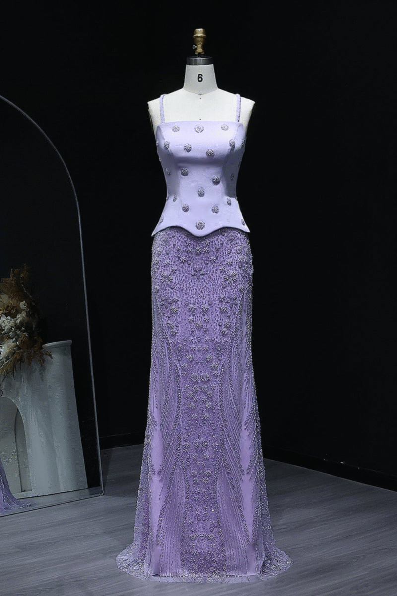 Lavender Two-Piece Evening Dress with Spaghetti Straps – Elegant Formal Gown