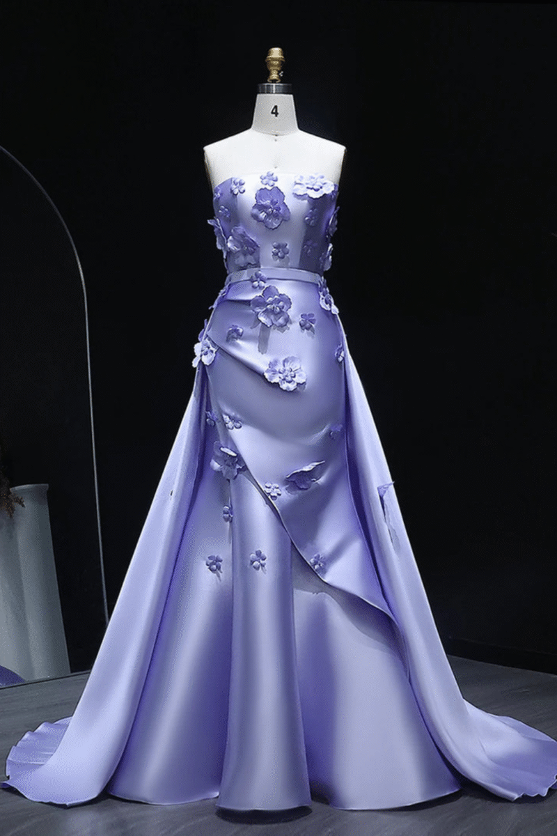 3D Flowers Evening Purple Dress with Detachable Overskirt