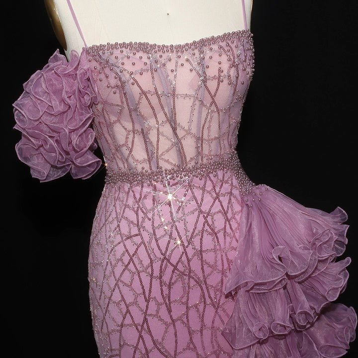 White Mermaid Evening Dress – Spaghetti Straps with Tiered Ruffles