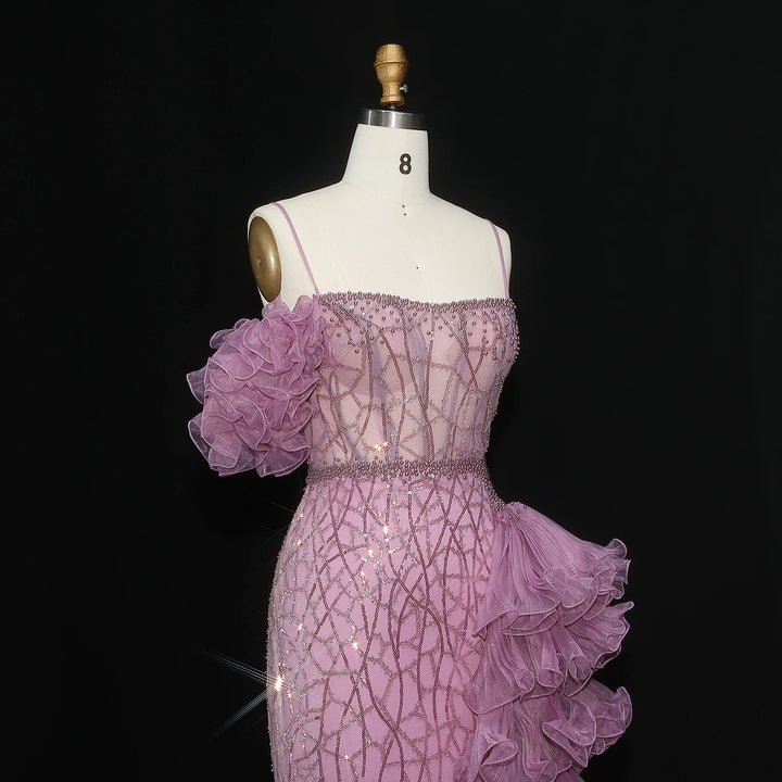 White Mermaid Evening Dress – Spaghetti Straps with Tiered Ruffles