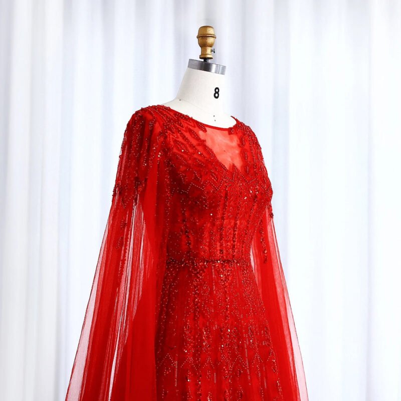 Luxury Dubai Beaded Brown Evening Dress with Cape Sleeves