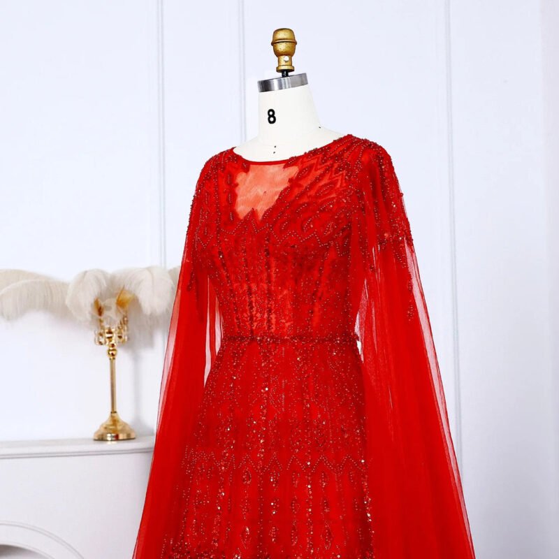 Luxury Dubai Beaded Brown Evening Dress with Cape Sleeves