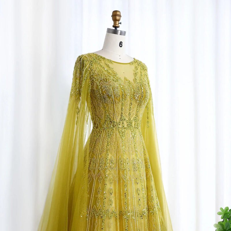 Luxury Dubai Beaded Brown Evening Dress with Cape Sleeves