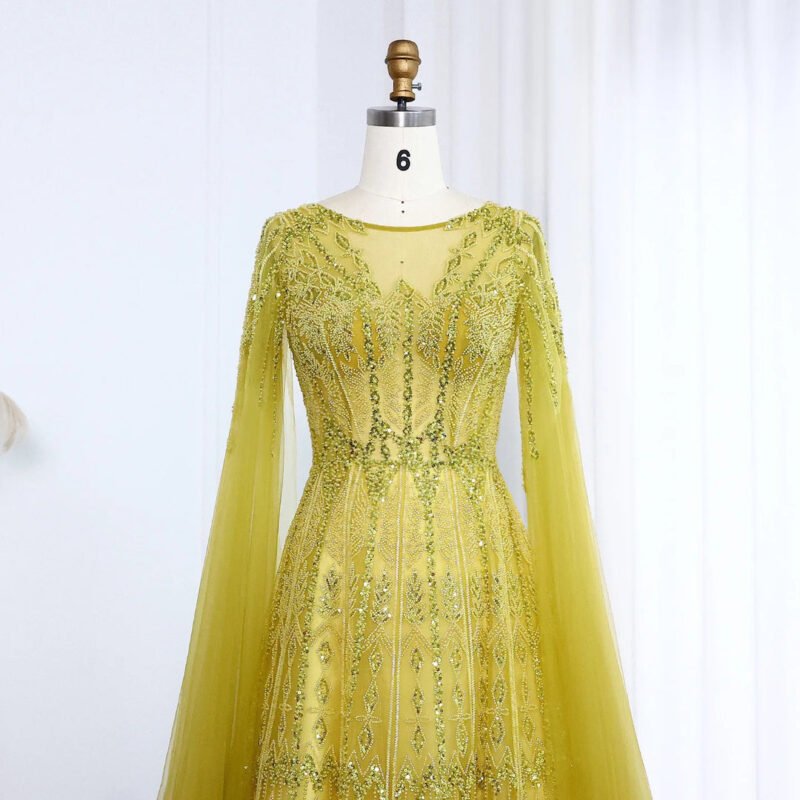 Luxury Dubai Beaded Brown Evening Dress with Cape Sleeves