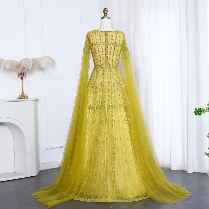 Luxury Dubai Beaded Brown Evening Dress with Cape Sleeves