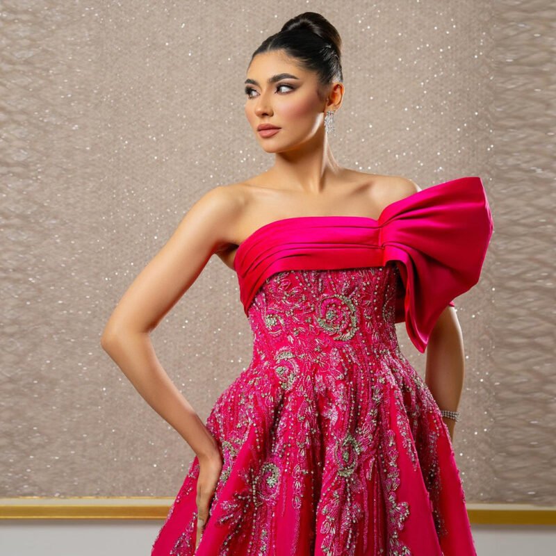 Luxury Beaded Elegant Fuchsia Satin Evening Dress