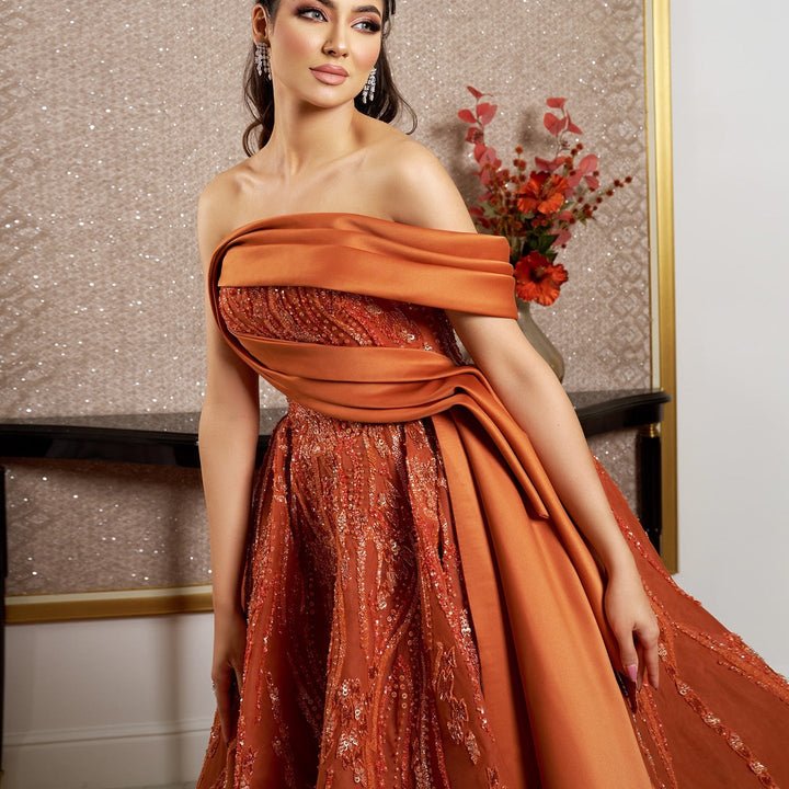 Elegant Rust Orange Luxury Beaded Evening Dress