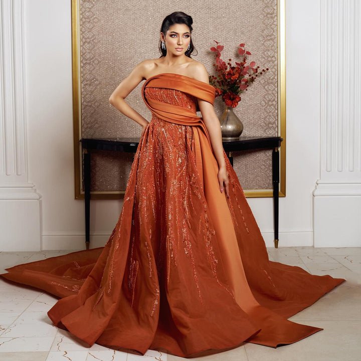 Elegant Rust Orange Luxury Beaded Evening Dress