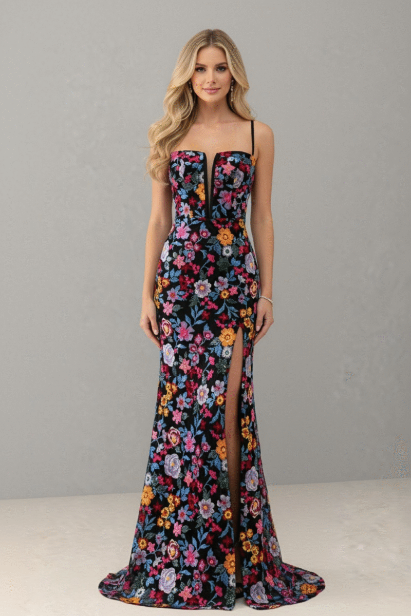 Black Multicolor Floral Embroidered Mermaid Prom Dress with Spaghetti Straps and Side Slit