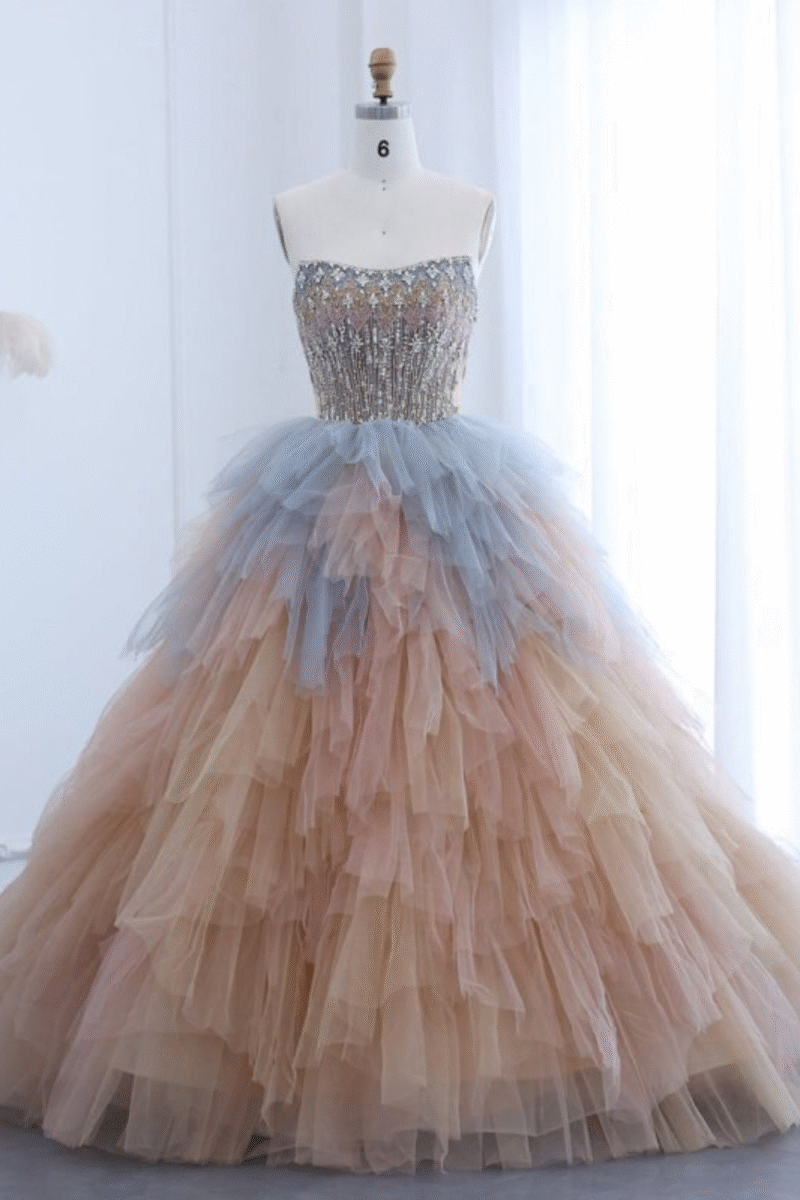 Multicolored Ruffles Princess Ball Gown Evening Dress