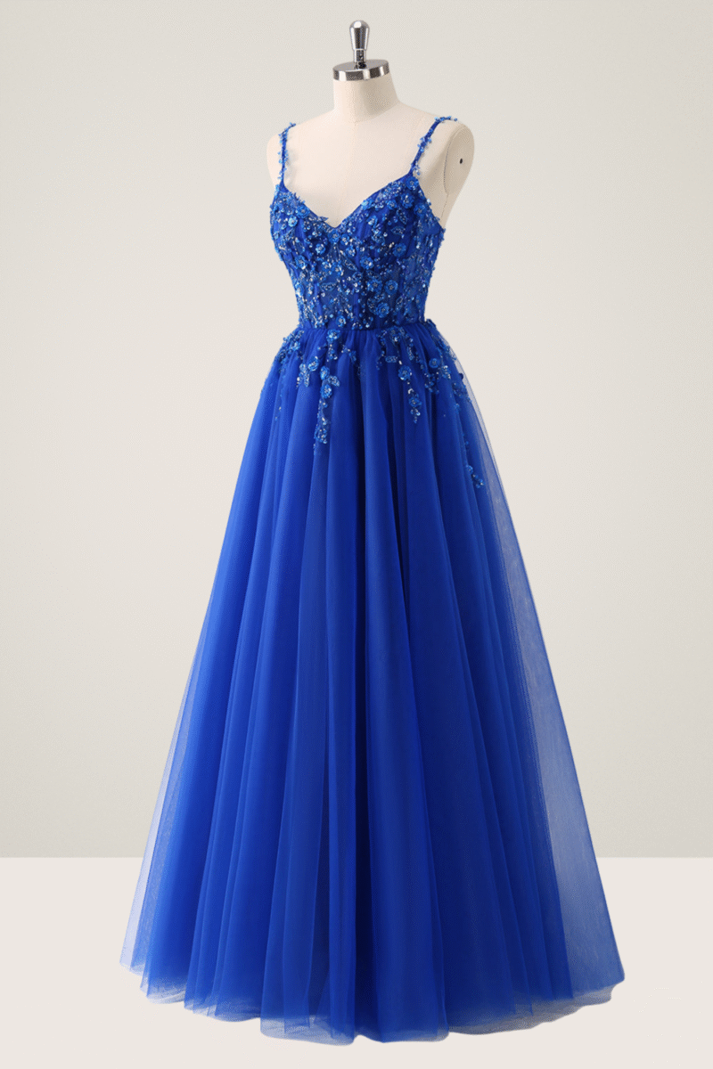 Pink Spaghetti Strap A-Line Prom Dress with Sequin Appliques