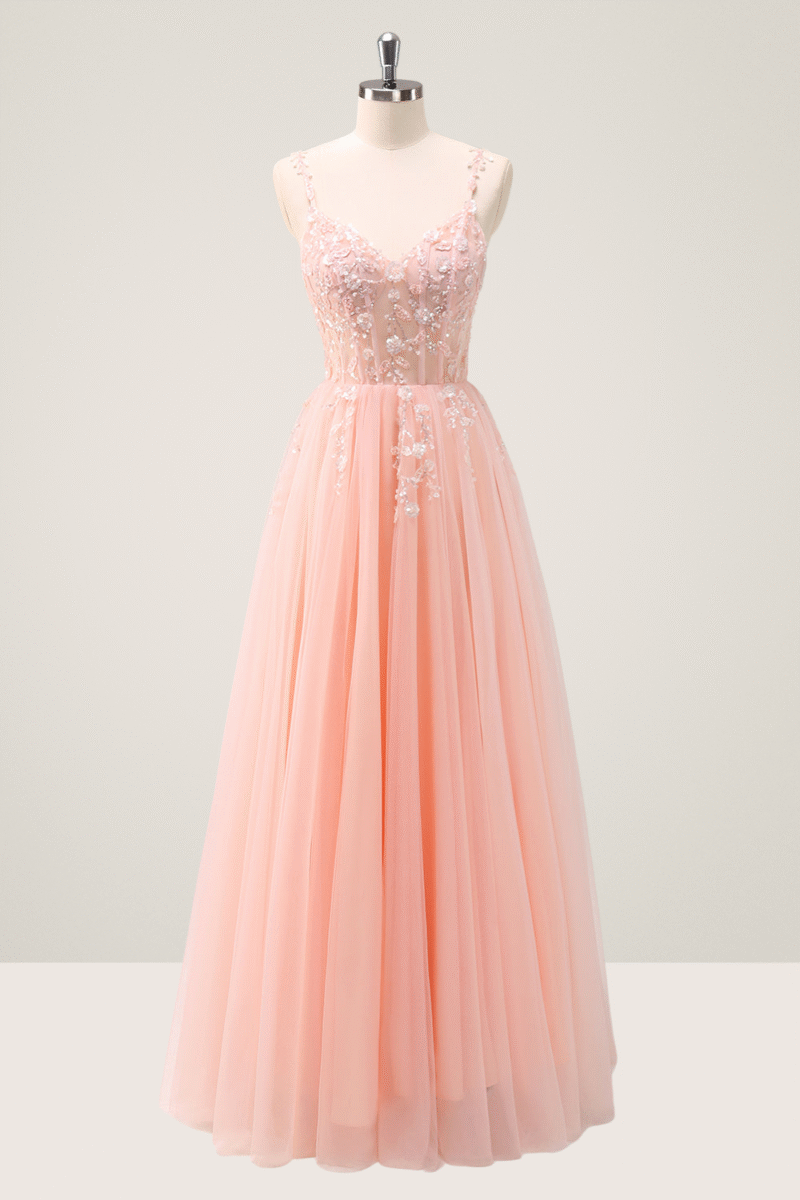 Pink Spaghetti Strap A-Line Prom Dress with Sequin Appliques