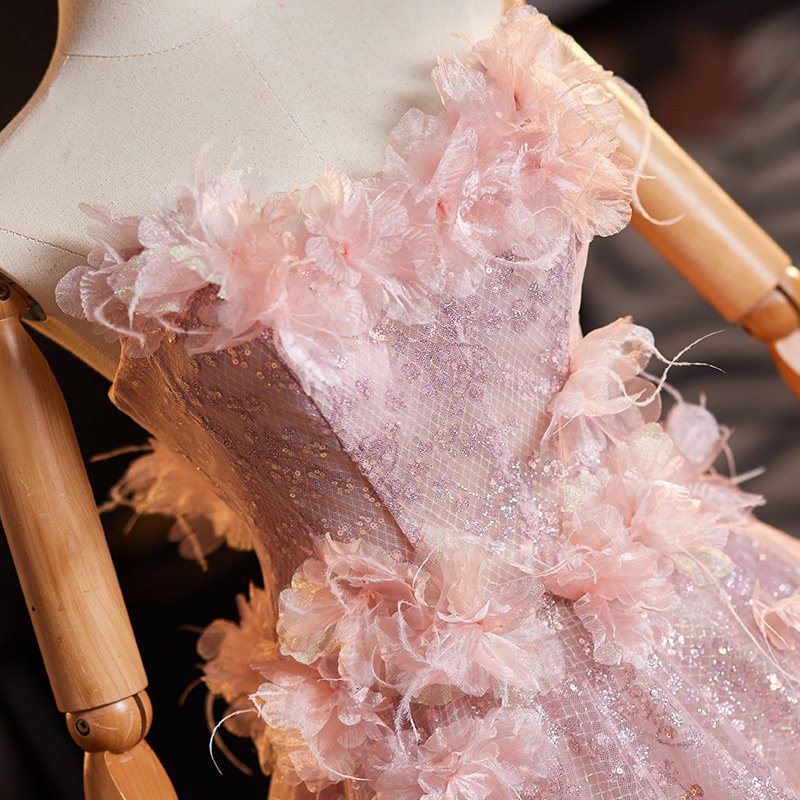 Blushing Pink Sequined Applique Strapless Ball Gown