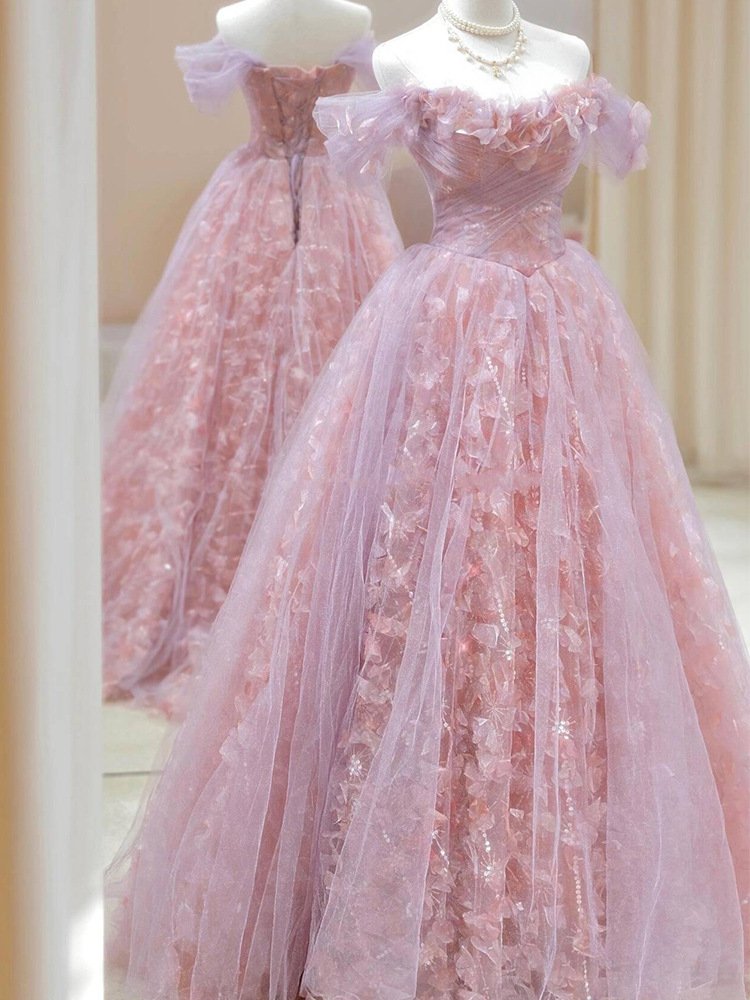 3D Off-Shoulder Light Pink Ball Gown – Prom & Evening Dress