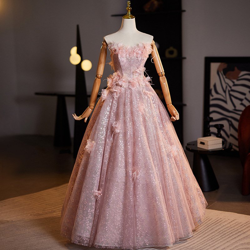 Blushing Pink Sequined Applique Strapless Ball Gown