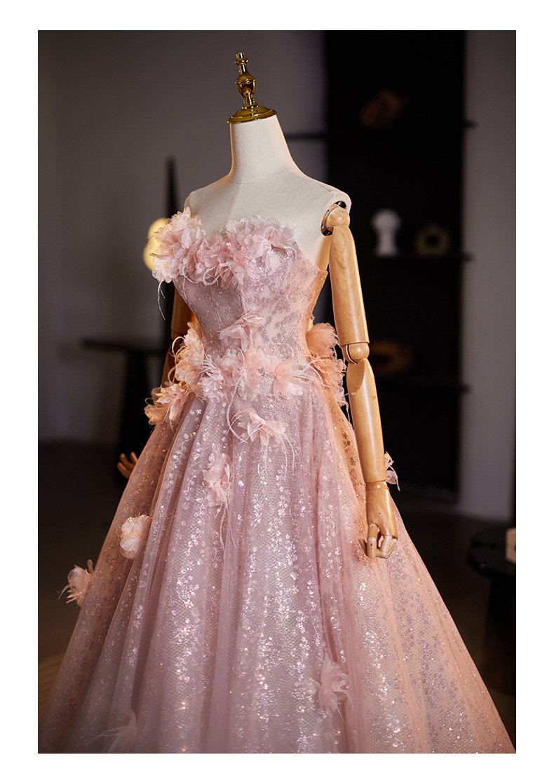 Blushing Pink Sequined Applique Strapless Ball Gown