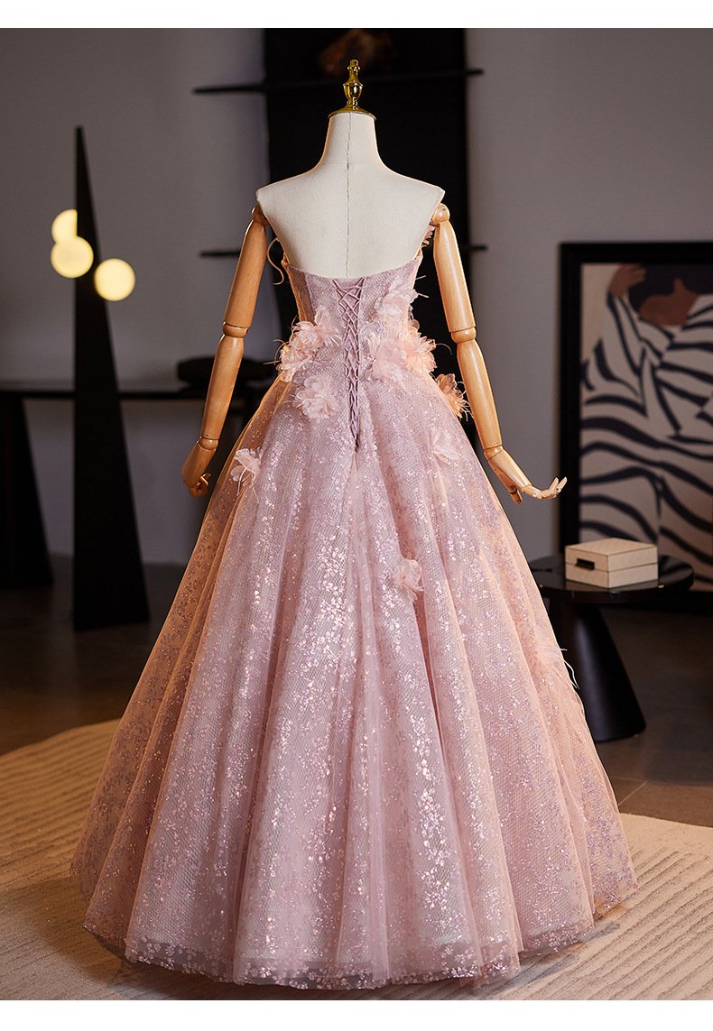 Blushing Pink Sequined Applique Strapless Ball Gown