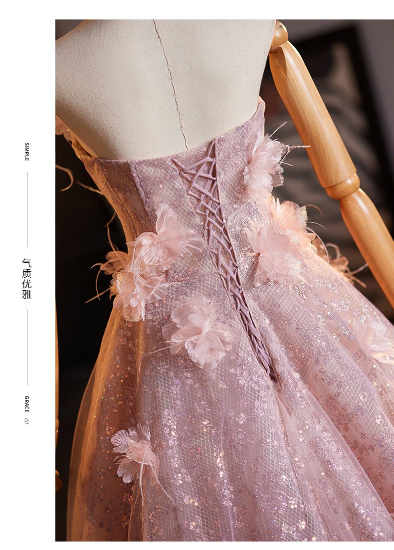 Blushing Pink Sequined Applique Strapless Ball Gown