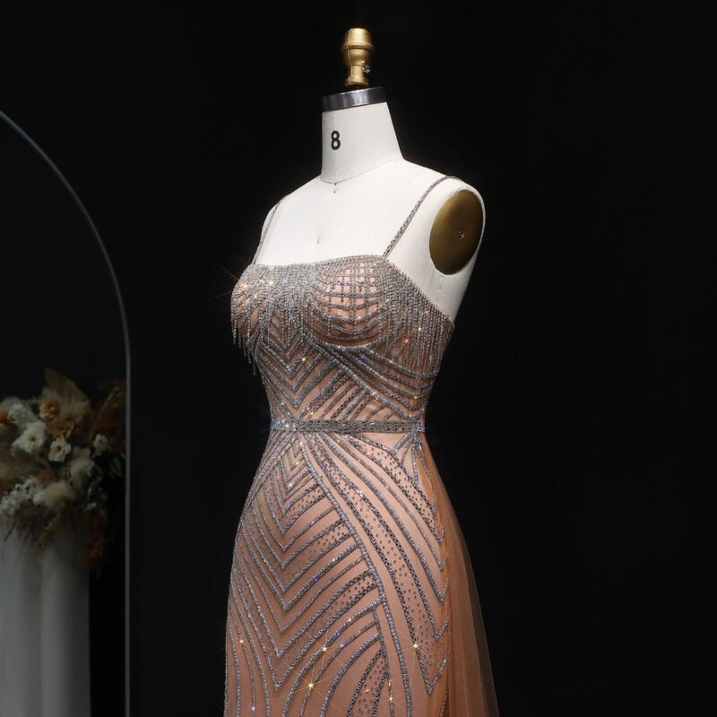 Sparkly Pink Crystal Tassel Mermaid Pink Evening Dress with Overskirt