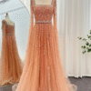 Floor-Length Orange Evening Dress with Long Sleeves, Square Neckline, and Dramatic Cape Sleeves