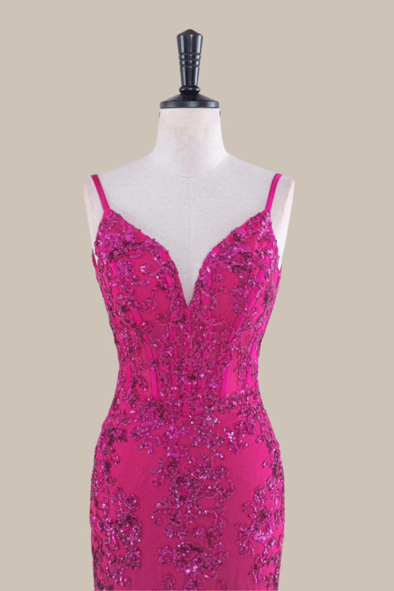 Hot Pink Sequin Spaghetti Strap Prom Dress