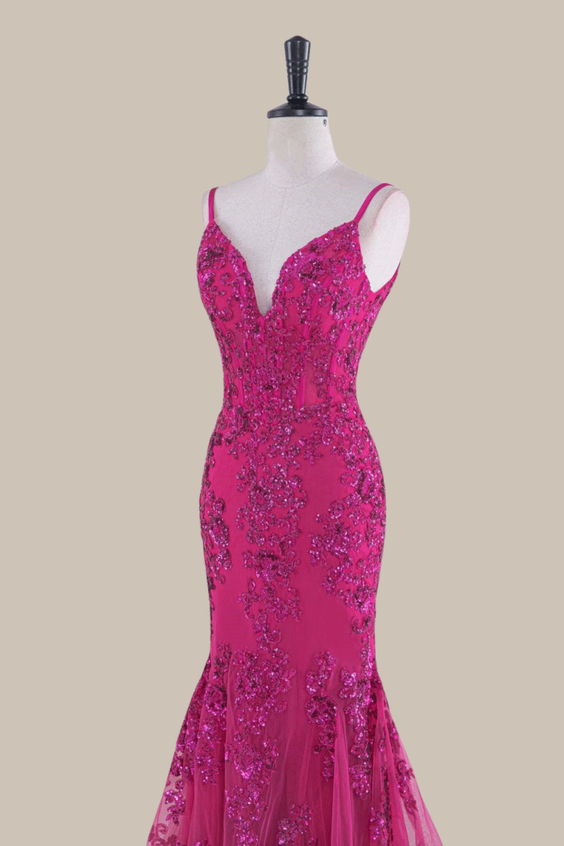 Hot Pink Sequin Spaghetti Strap Prom Dress