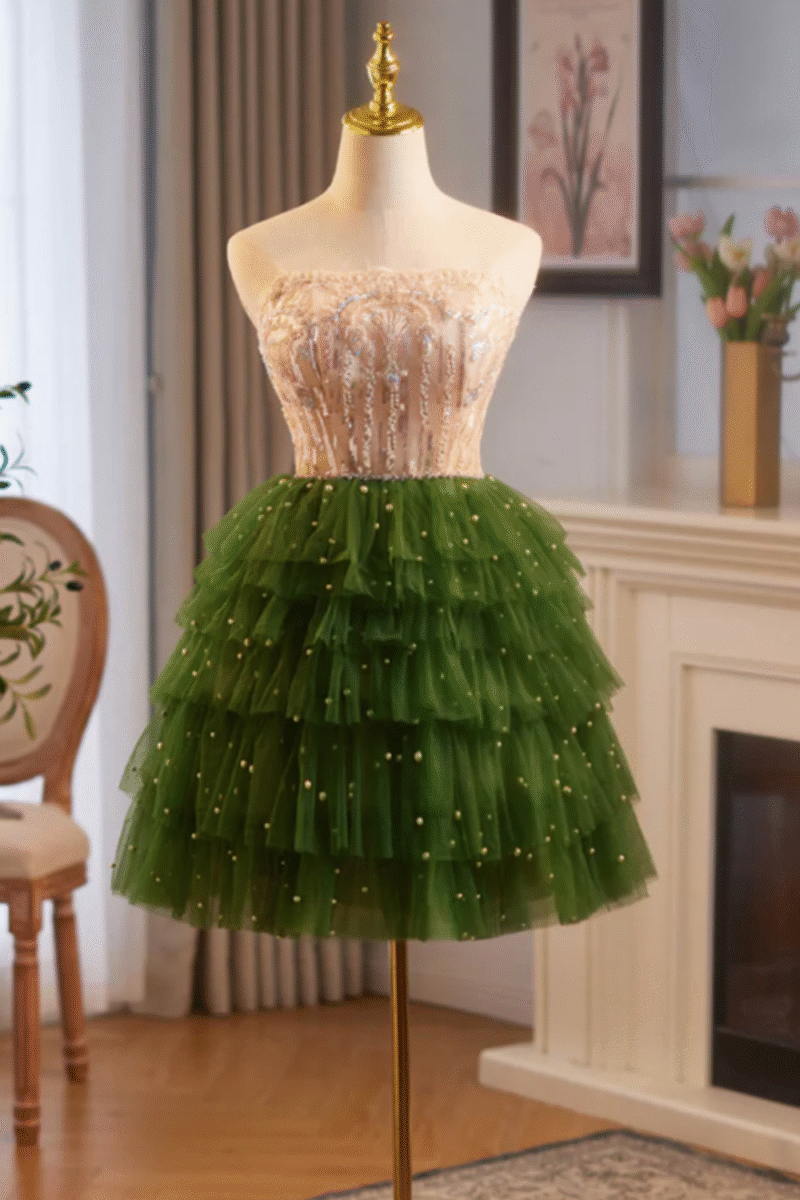 Green & Champagne Sparkly Strapless Short Dress – Ruffles, Lace, Beading & Pearls
