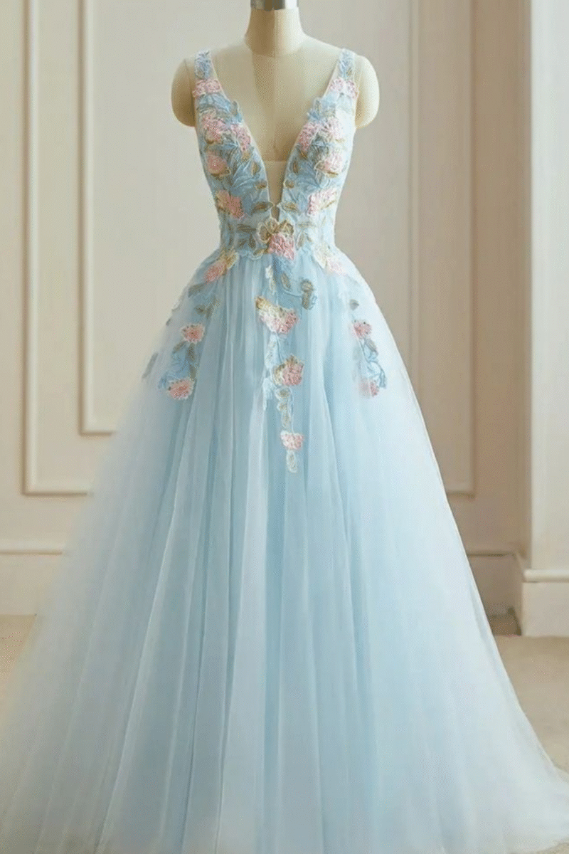 Sky Blue 3D Lace Prom Dress – V-Neck Long Gown with Crossed Straps