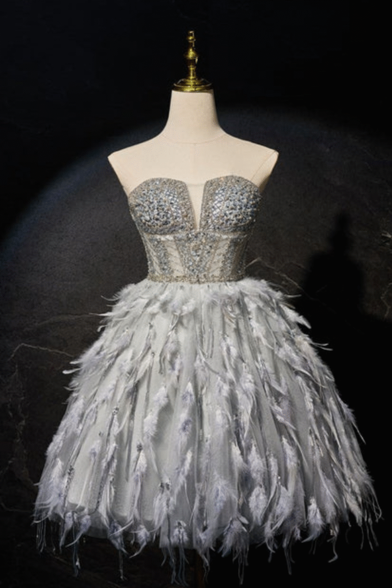 Grey Glitter Feather Mini Cocktail Dress – Strapless Sparkly Party Dress