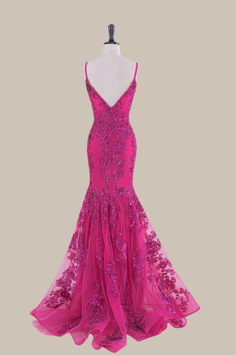 Hot Pink Sequin Spaghetti Strap Prom Dress