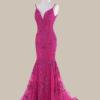 Hot Pink Sequin Spaghetti Strap Prom Dress