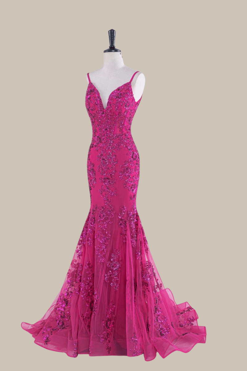 Hot Pink Sequin Spaghetti Strap Prom Dress