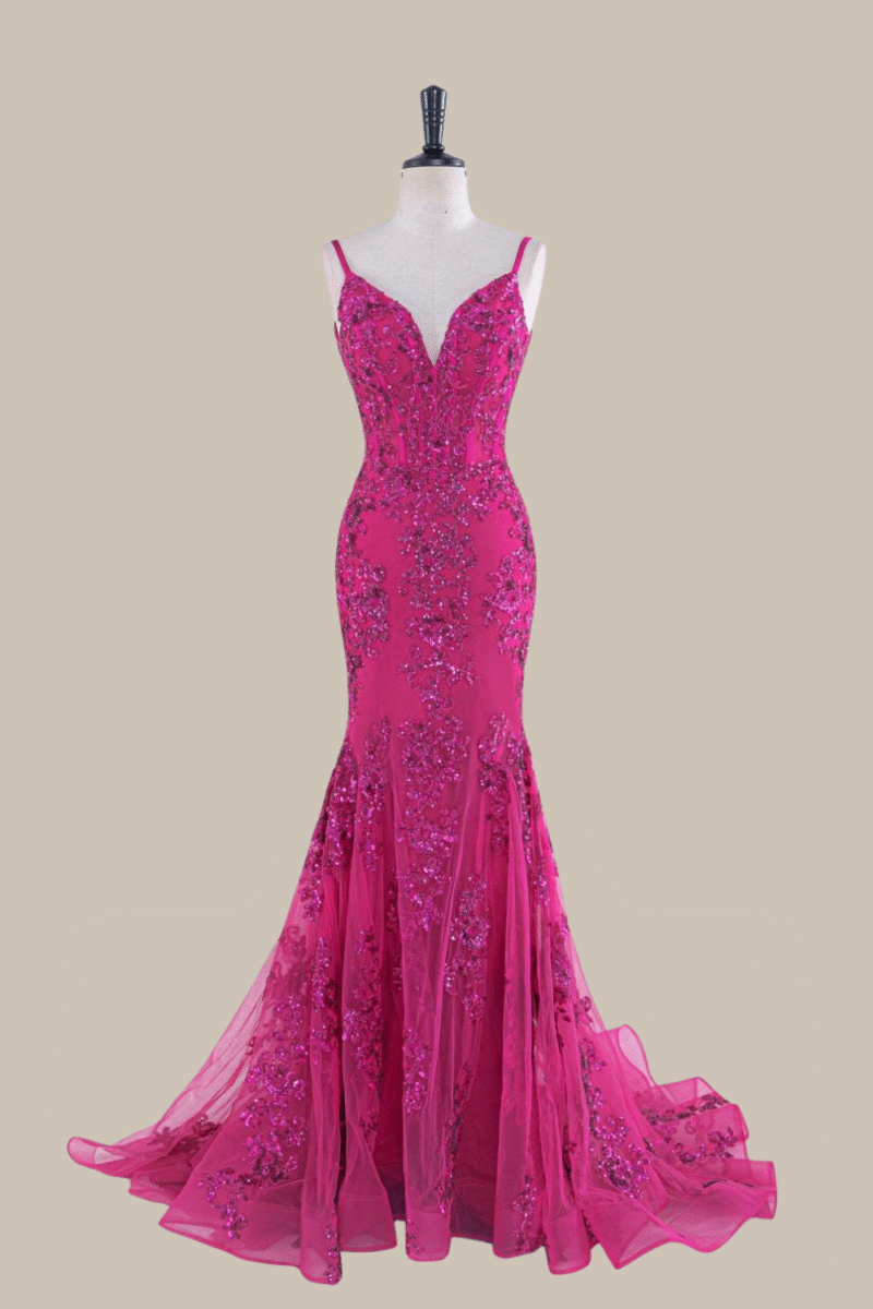 Hot Pink Sequin Spaghetti Strap Prom Dress