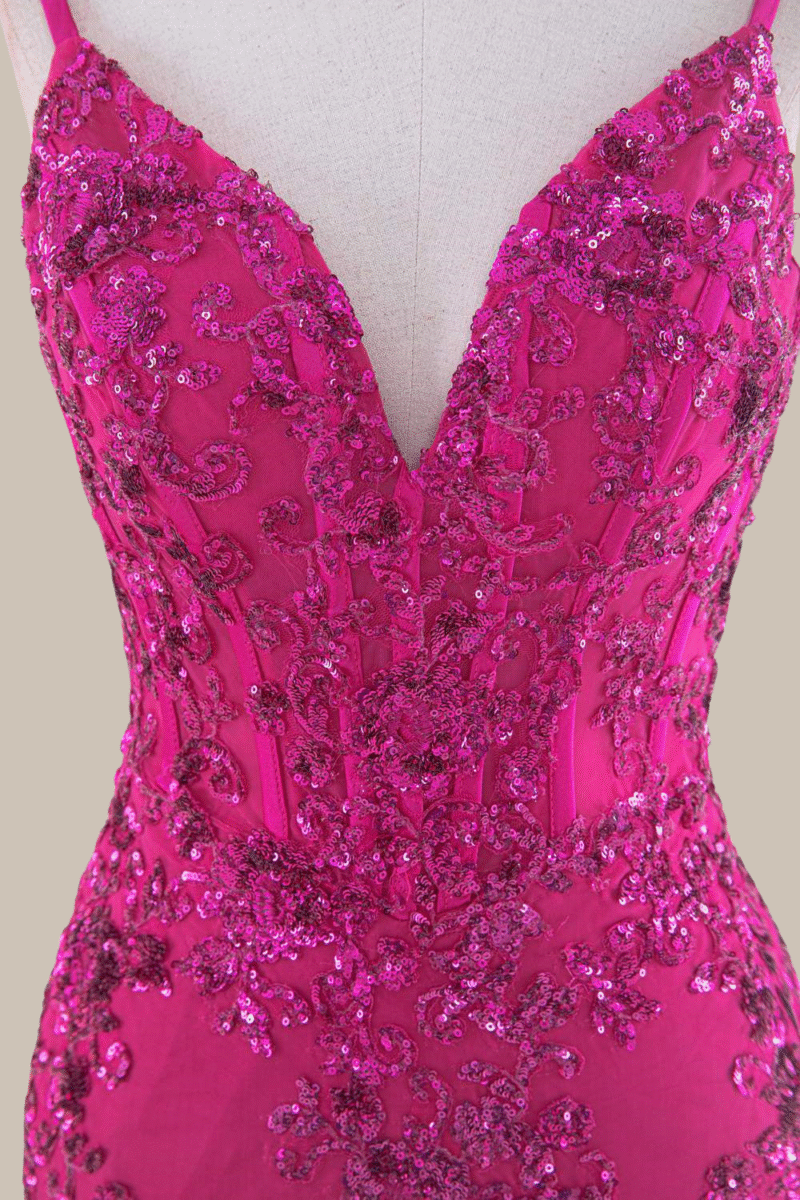 Hot Pink Sequin Spaghetti Strap Prom Dress