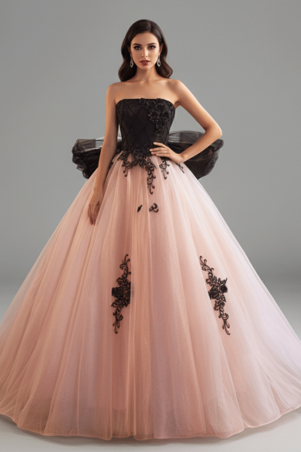 Black & Pink Tulle Bow Ball Gown Dress