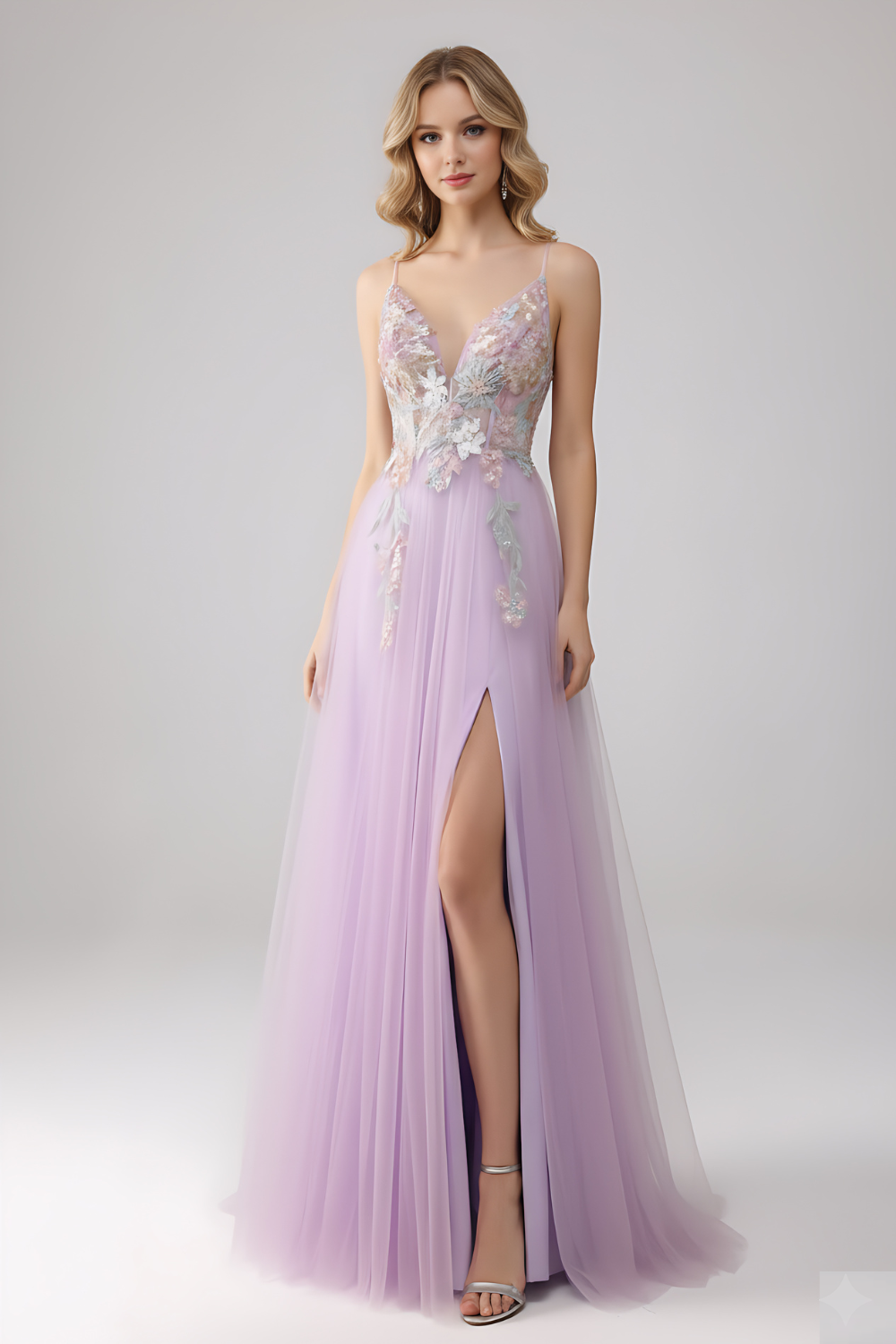 Lavender A-Line Spaghetti Straps Long Prom Dress