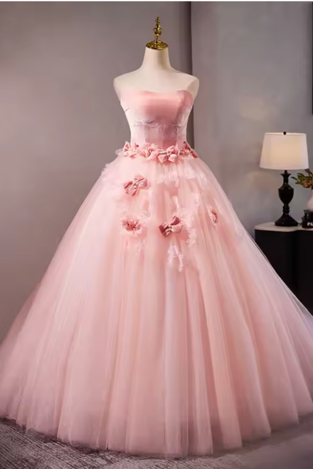 3D Pink Strapless Floral Tulle Ball Gown